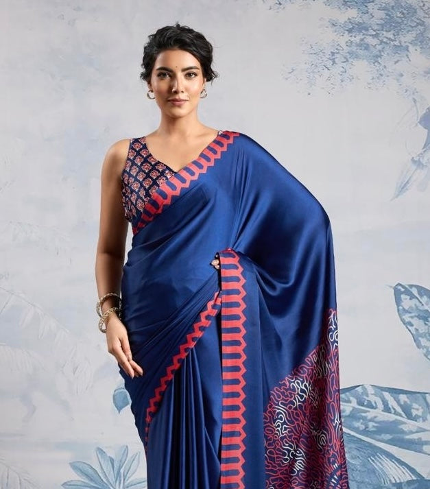 Plain Blue Readymade Crepe Silk Saree