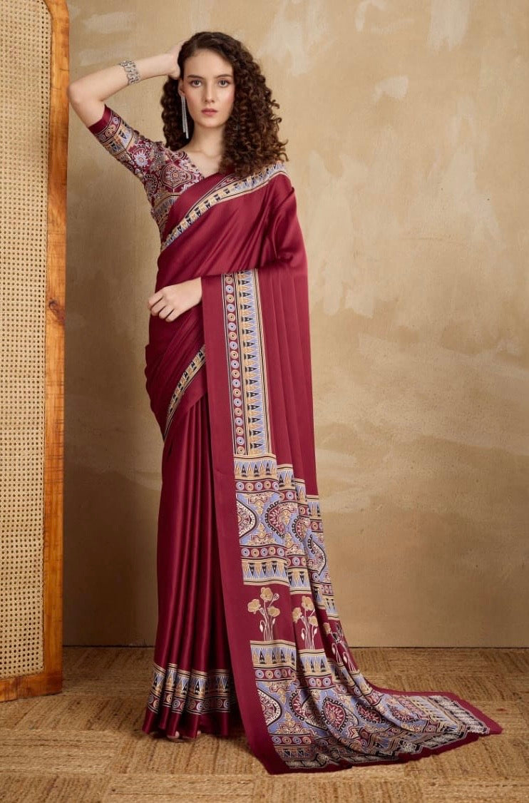 Plain Red Readymade Ajrakh Saree