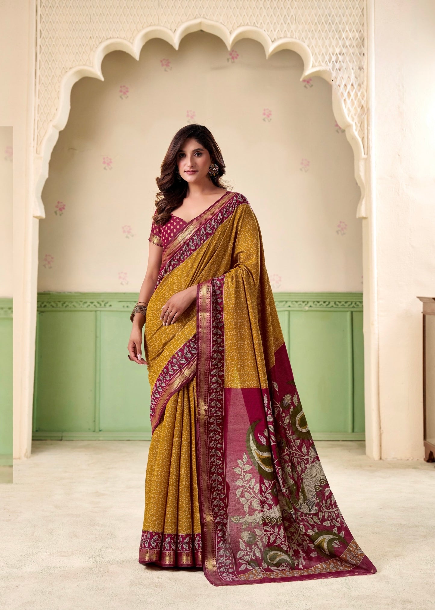 Plain Mustard Mul Cotton Easy/Readymade Saree