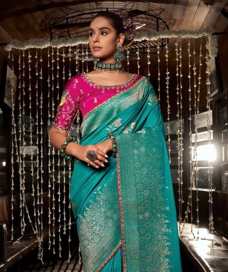 Turquoise Banarasi Soft Silk Readymade/Easy Saree