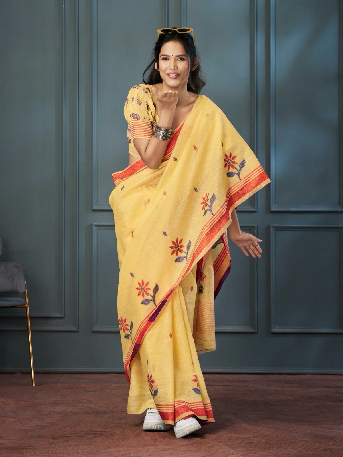 Yellow Color Resham Woven Cotton Office Wear Easy/Readymade Saree