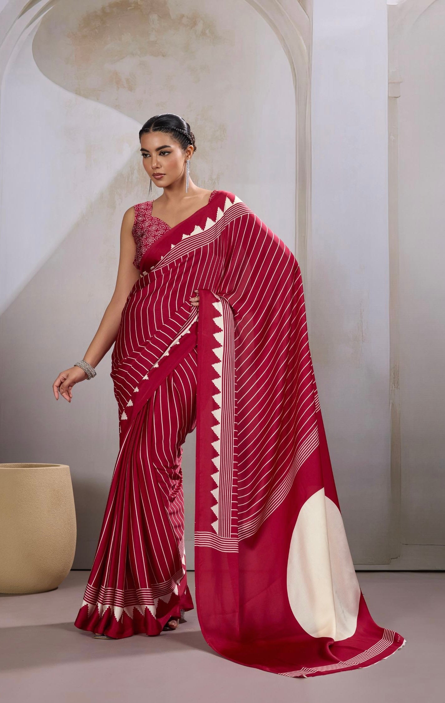 Red Crepe Silk Readymade Saree