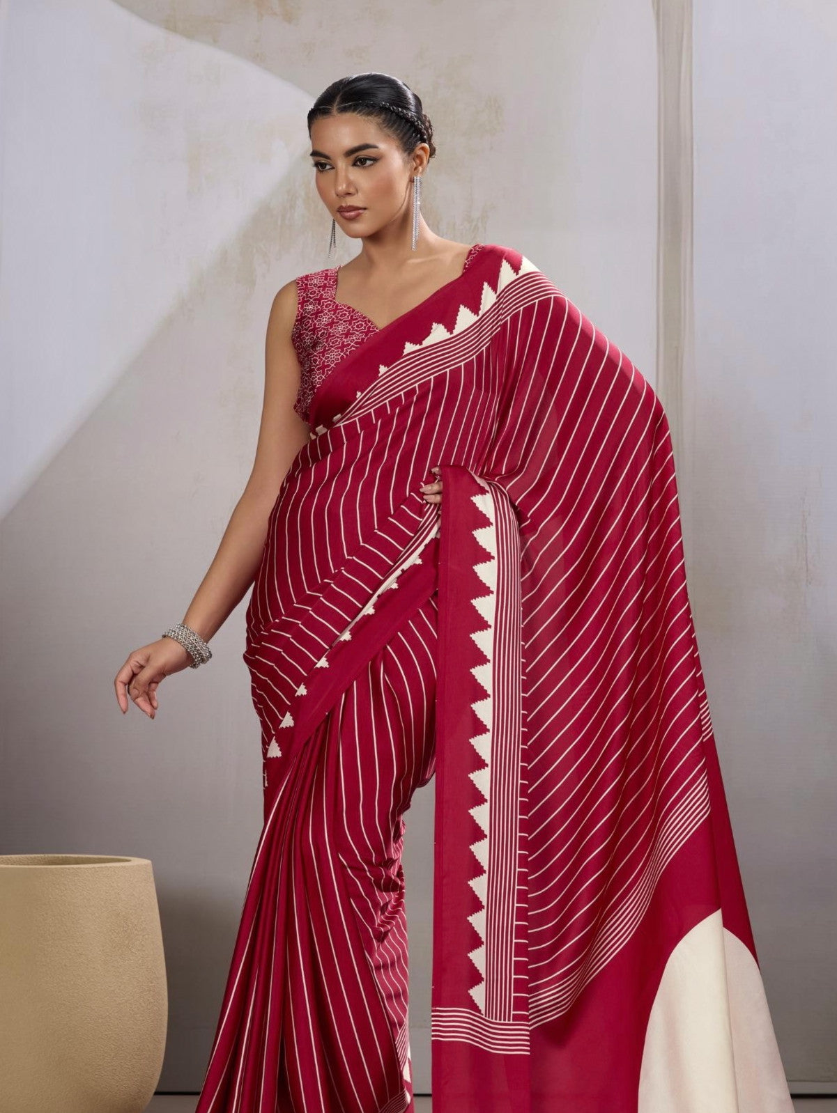 Red Crepe Silk Readymade Saree