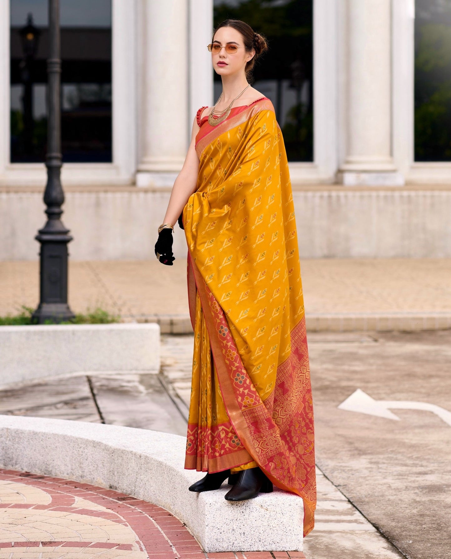 Yellow Color Ikkat Silk Readymade/Easy Saree