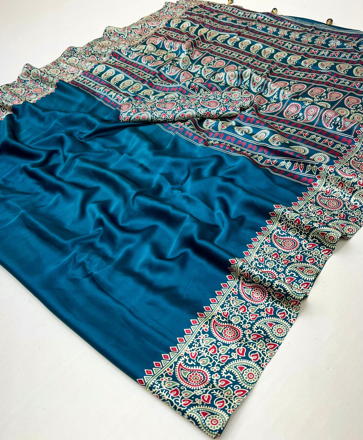 Turquoise Readymade Crepe Ajrakh Silk Saree