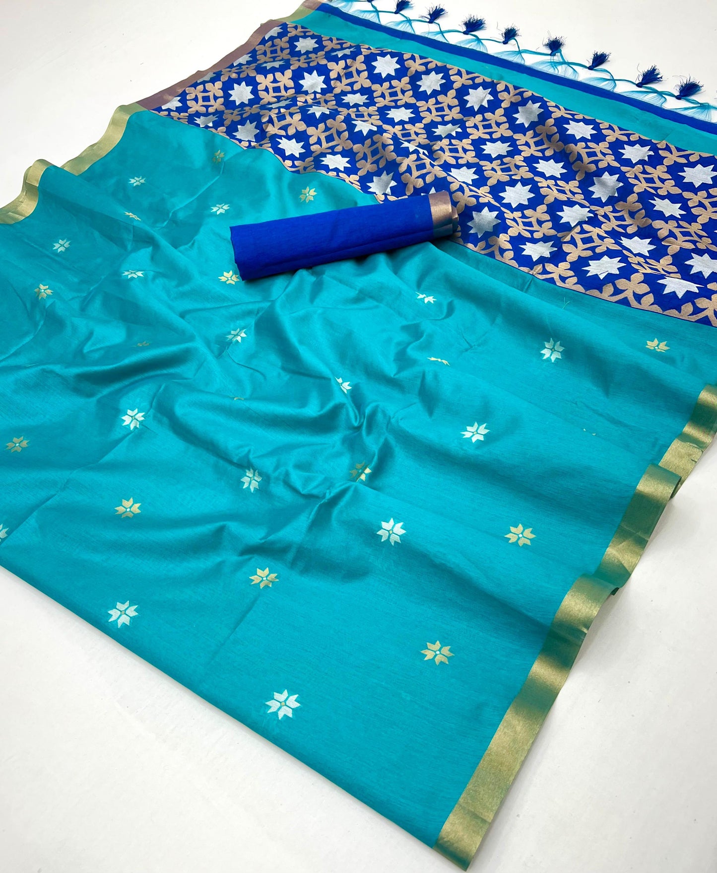 Teal Blue Color Raw Silk Readymade/Easy Saree