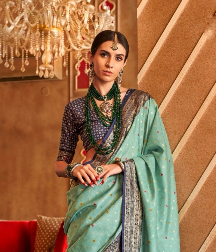 Light Blue Color Patola Silk Readymade/Easy Saree
