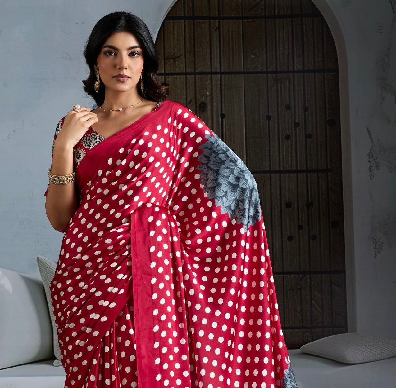 Red Crepe Silk Readymade/Easy Saree
