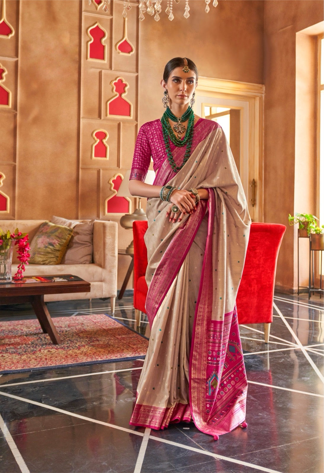 Beige Color Patola Silk Readymade/Easy Saree