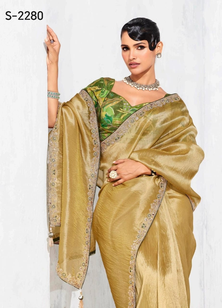 Golden Tissue Silk Readymade/Easy Saree