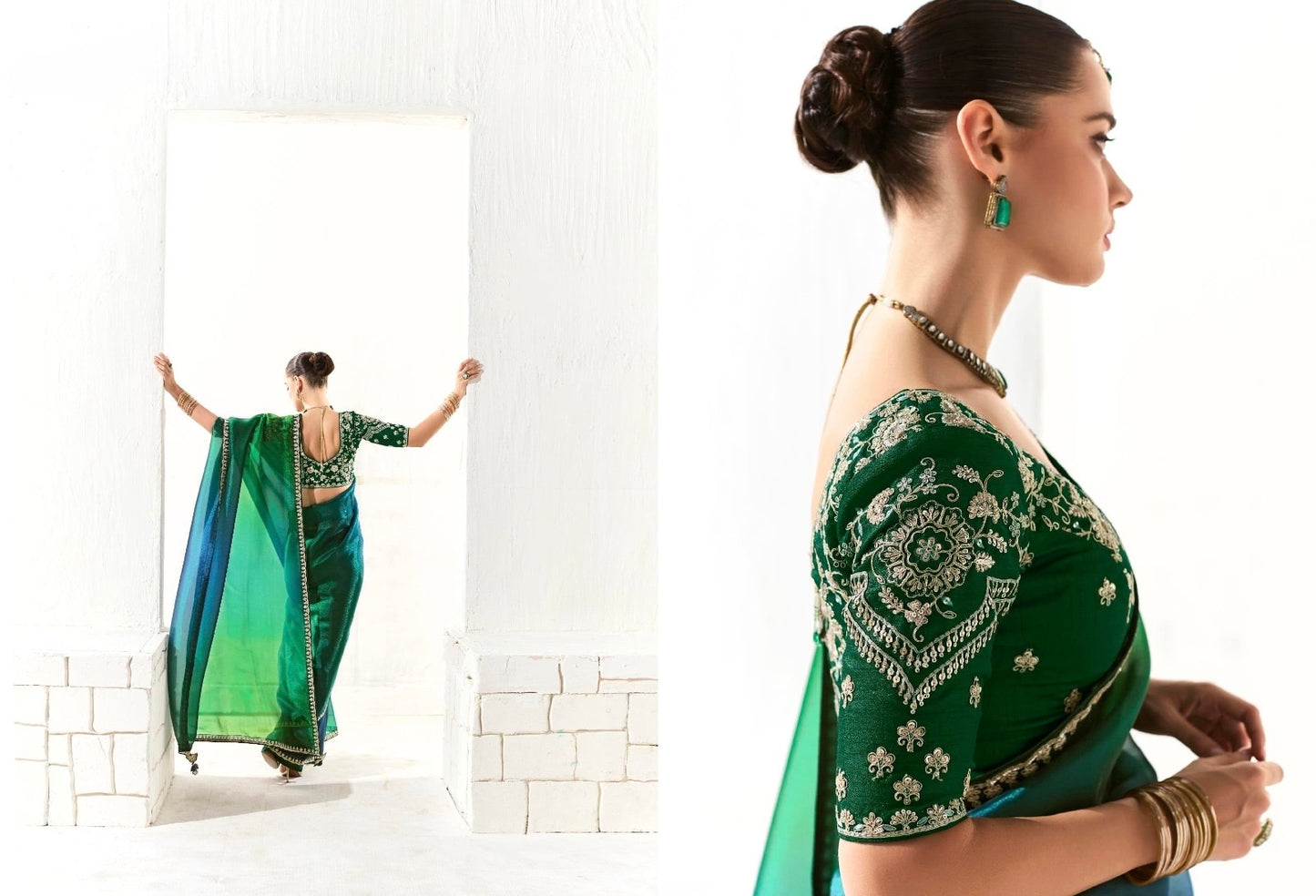 Green & Blue Organza Readymade Saree With Fancy Blouse Piece