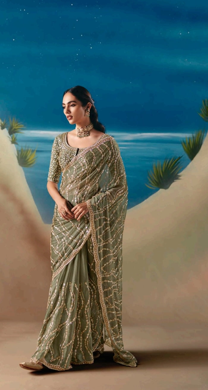 Olive Party Wear Readymade Saree
