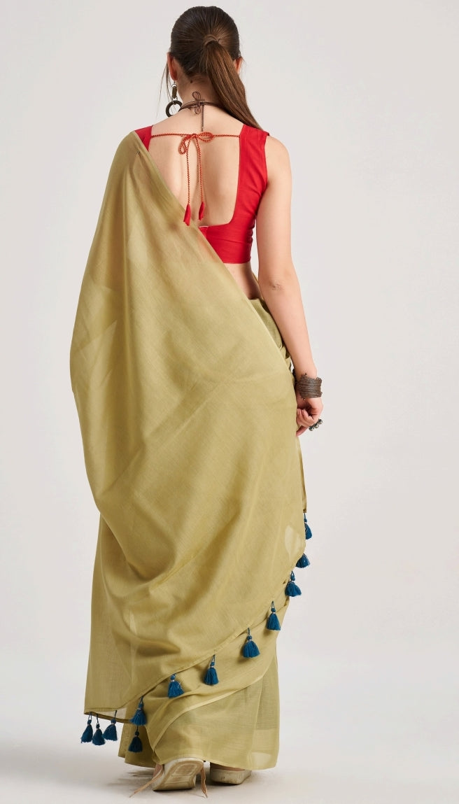 Khaki Mul Cotton Casual Readymade/Easy Saree