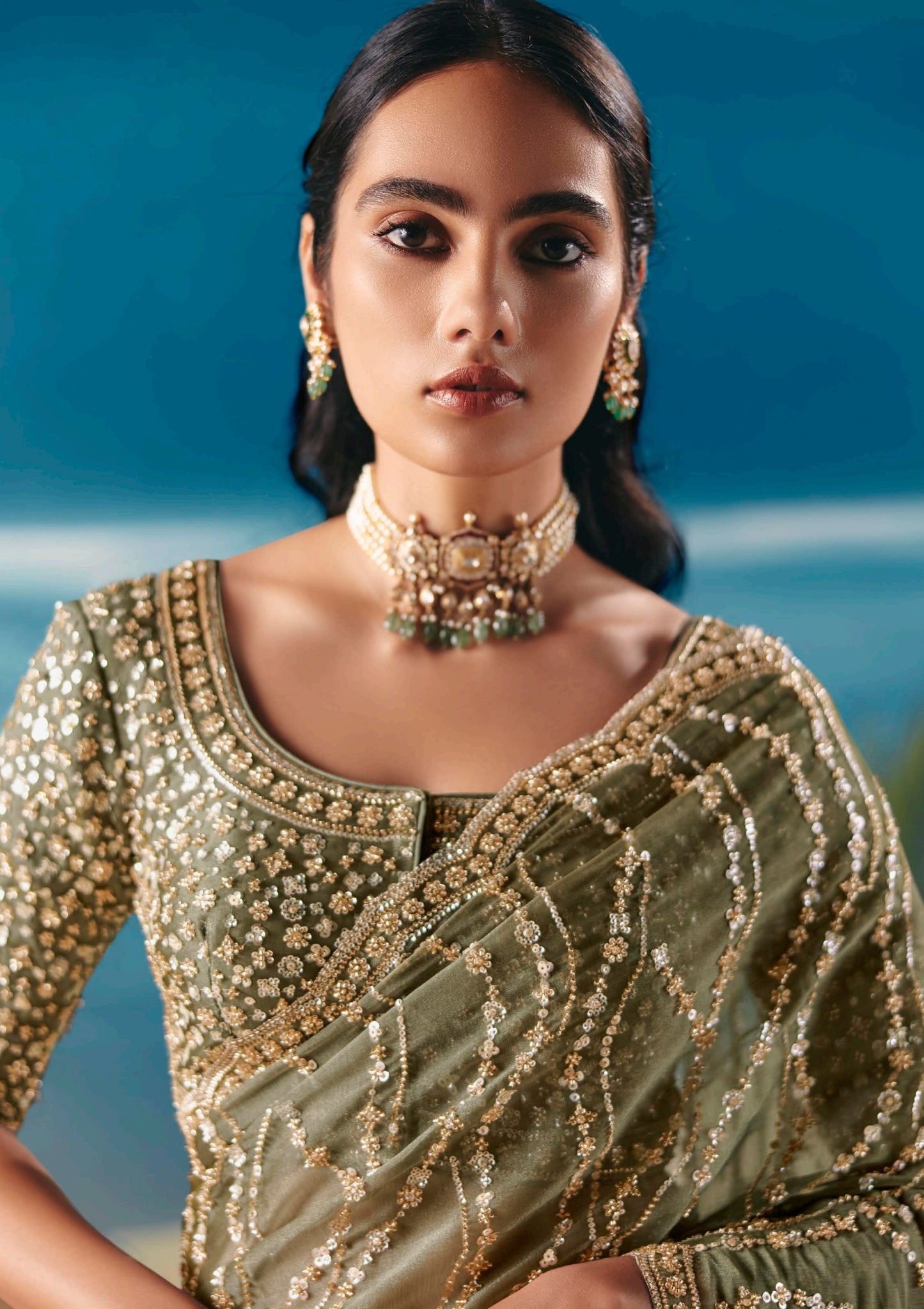 Olive Party Wear Readymade Saree