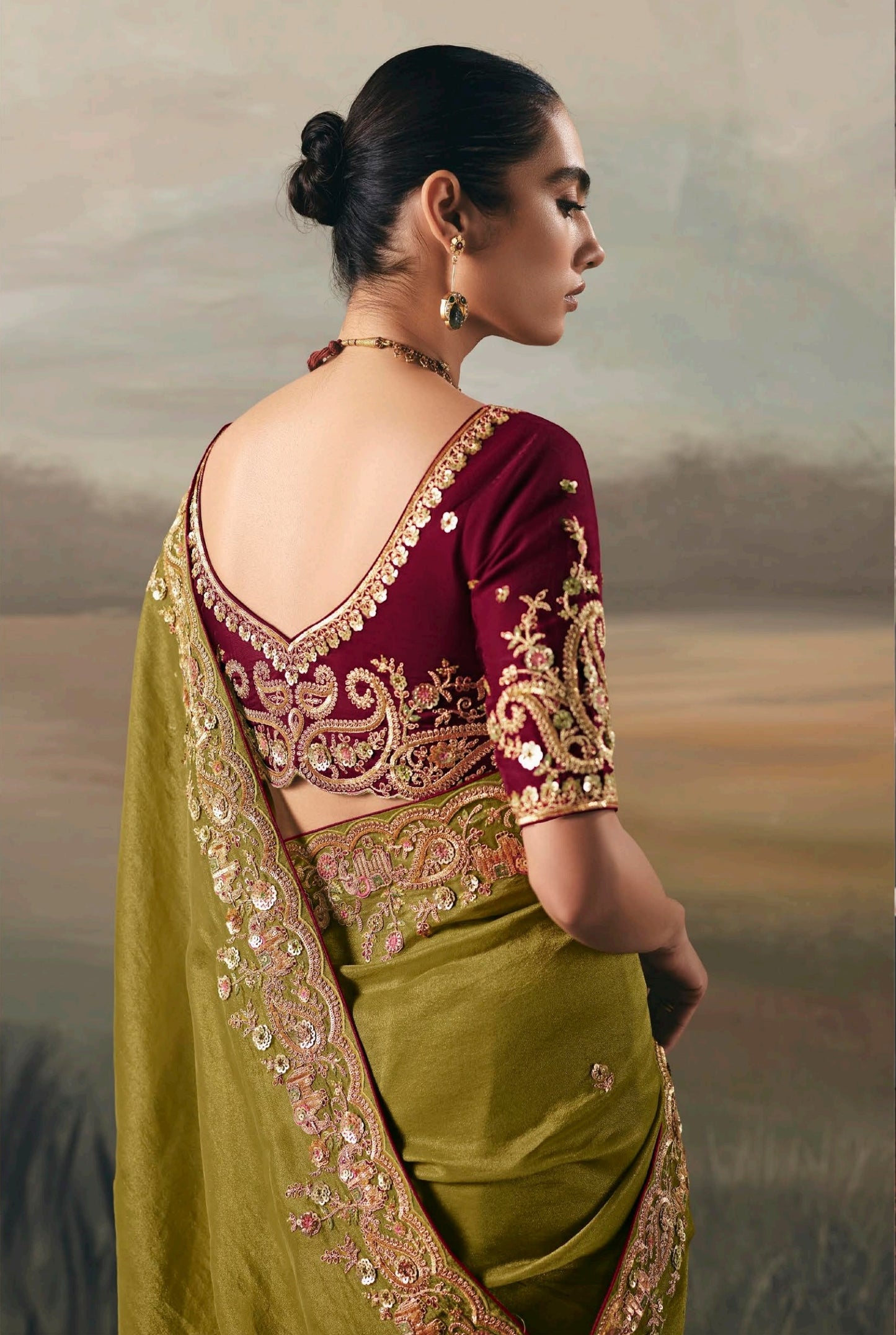 Olive Green Colour Party Wear Readymade Saree