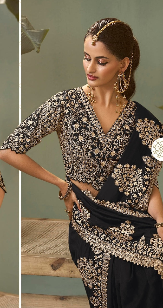 Black Designer Silk Readymade/Easy Saree