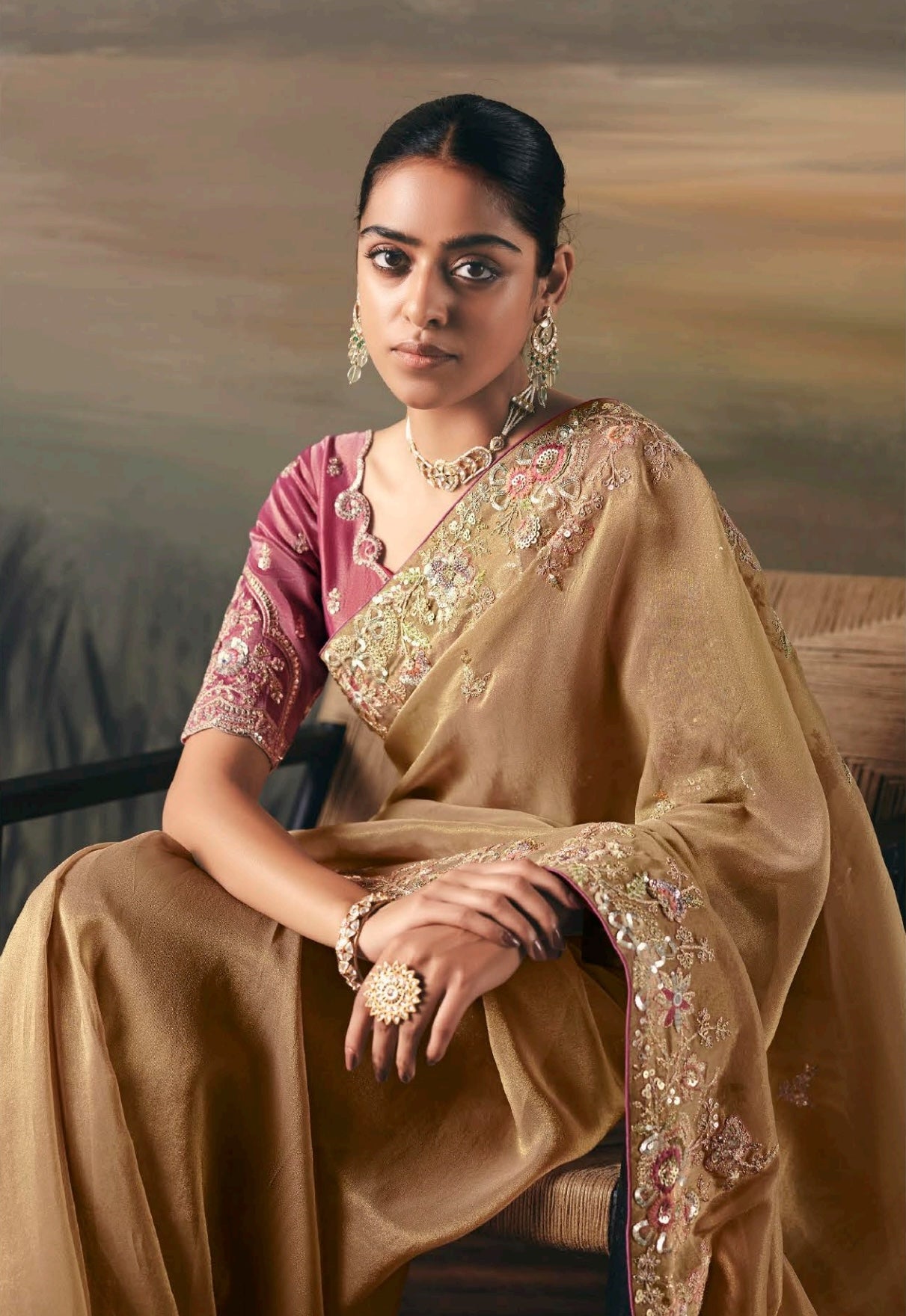 Cream Colour Party Wear Readymade Saree