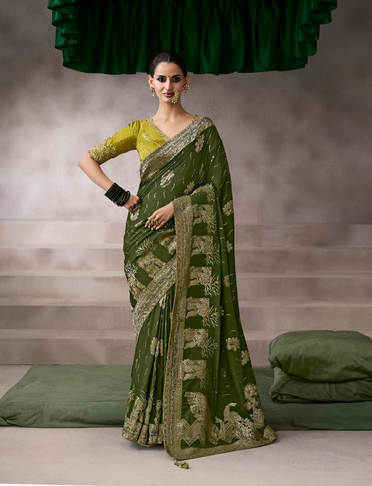 Green Designer Kanjivaram Readymade/Easy Saree