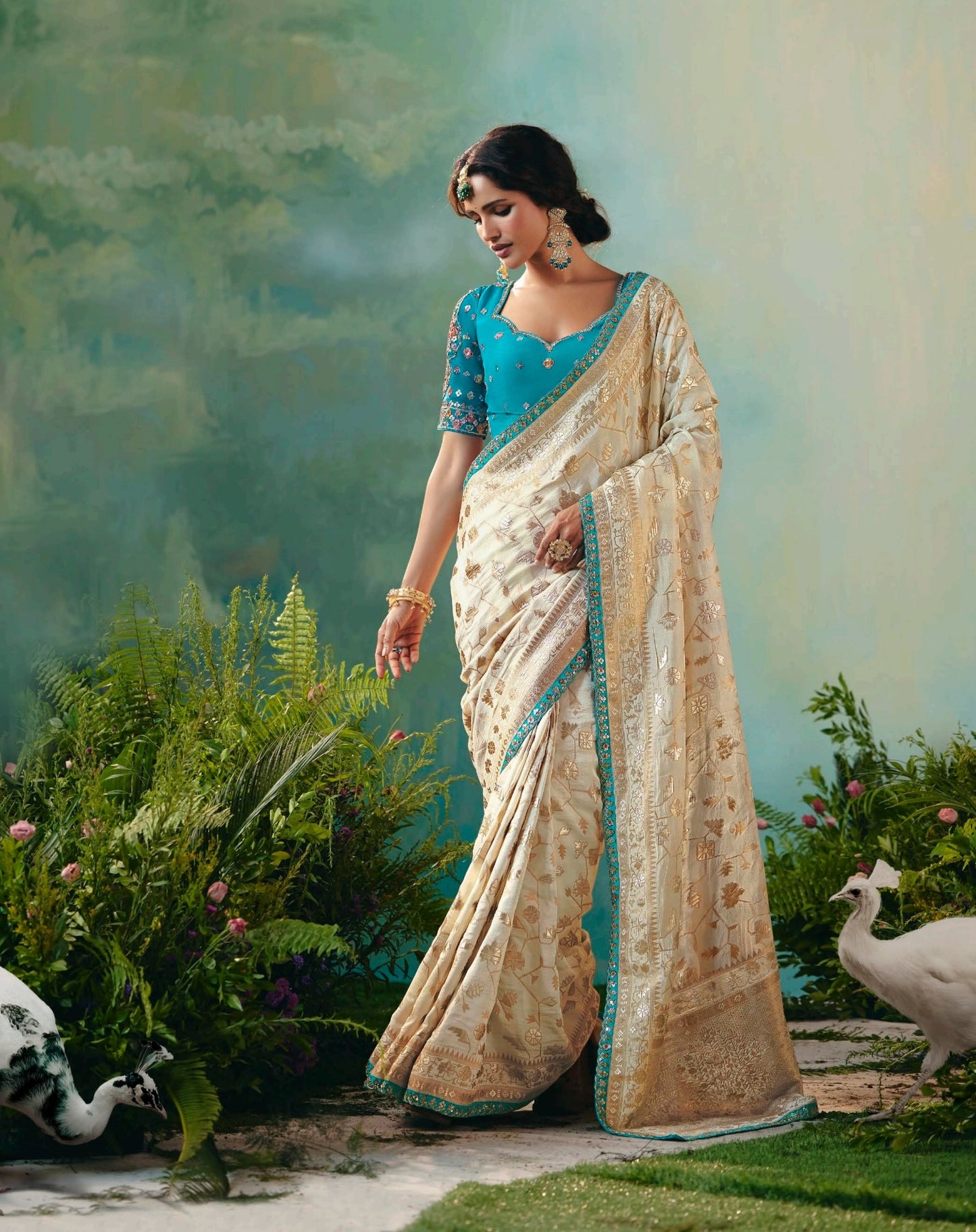 Off-White Designer Kanjivaram Silk Readymade/Easy Saree