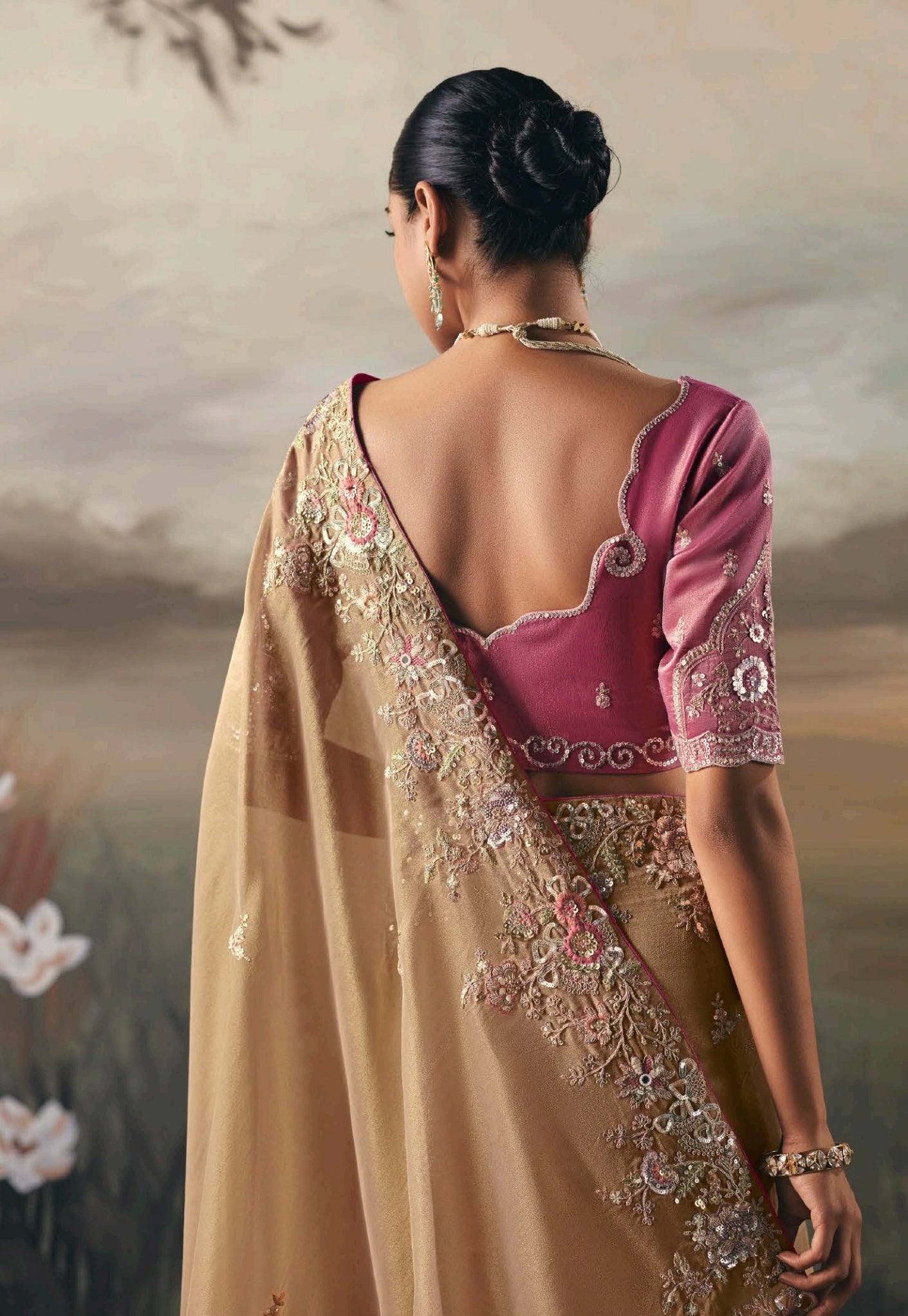 Cream Colour Party Wear Readymade Saree
