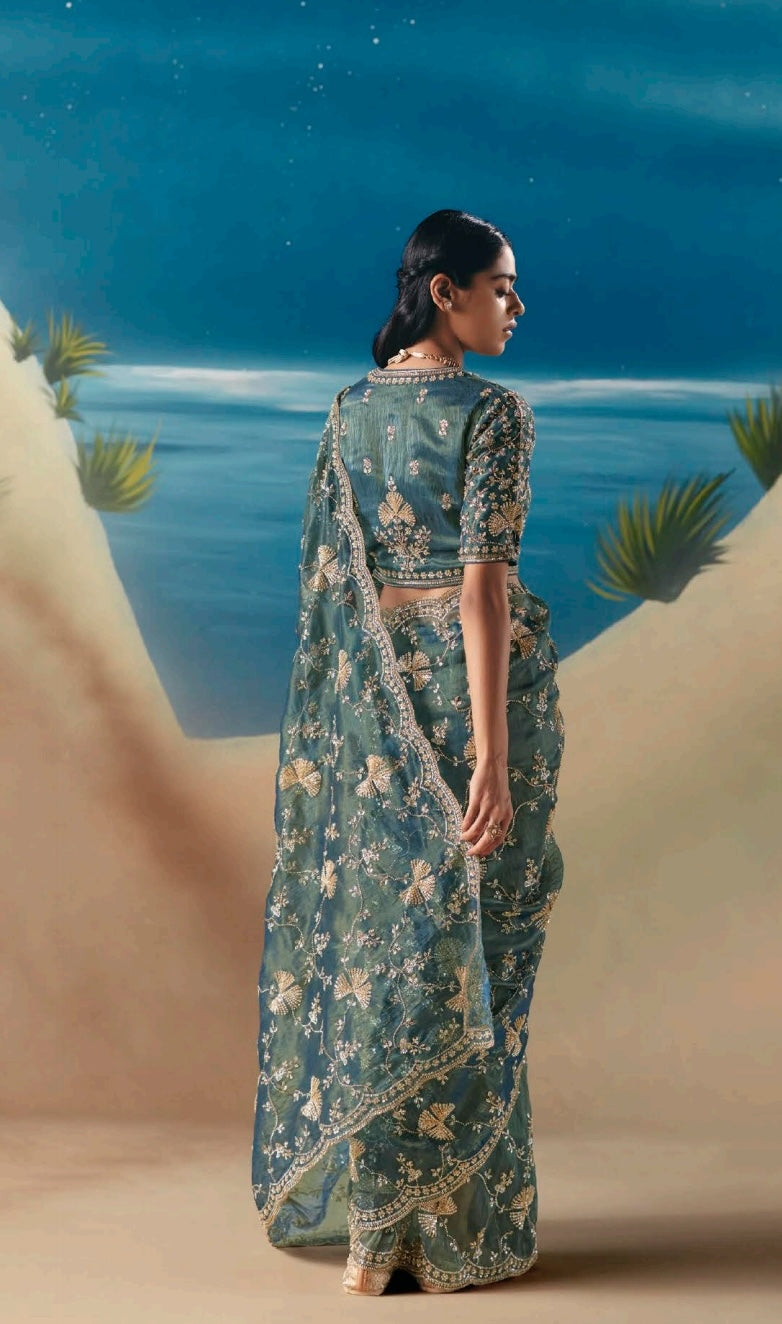 Sea Green Party Wear Readymade Saree