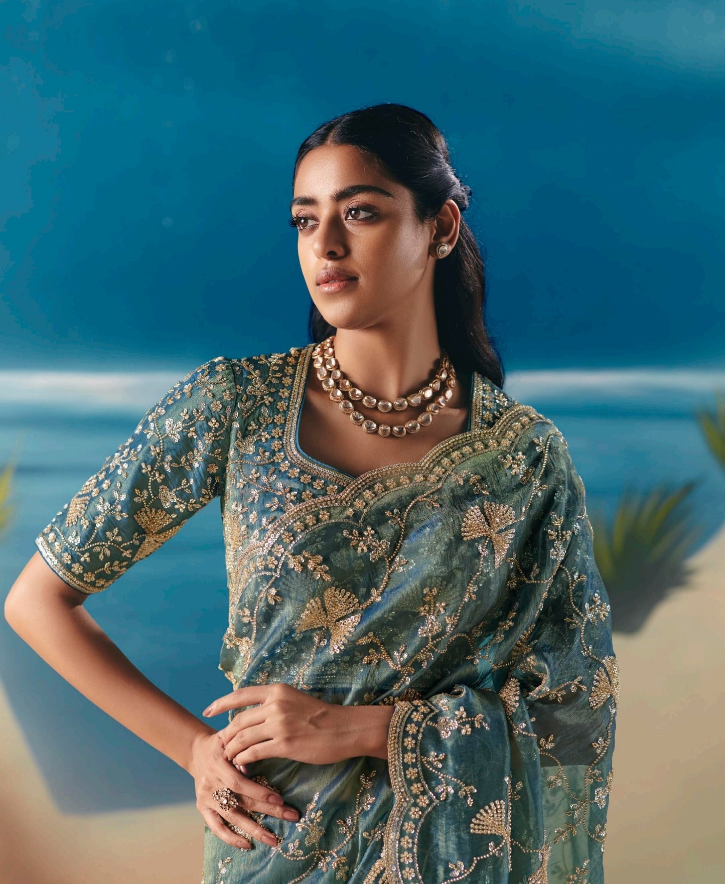 Sea Green Party Wear Readymade Saree