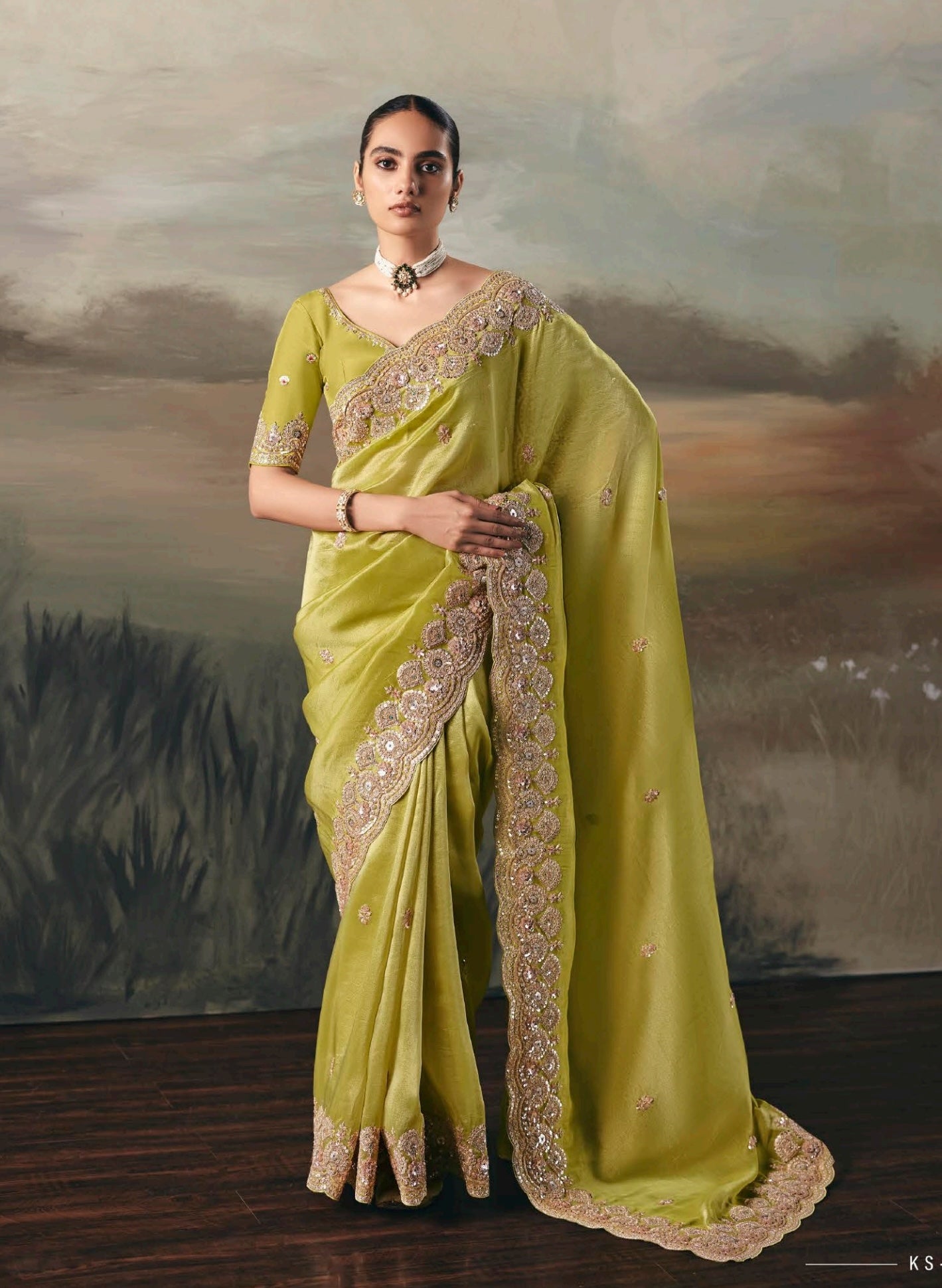 Lime Green Colour Party Wear Readymade Saree