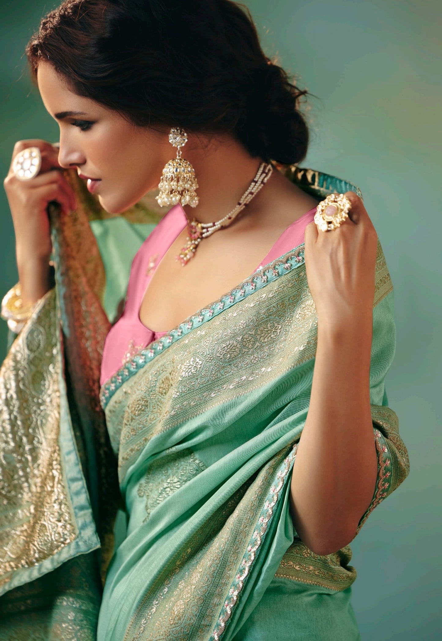 Sea Green Designer Kanjivaram Silk Readymade/Easy Saree
