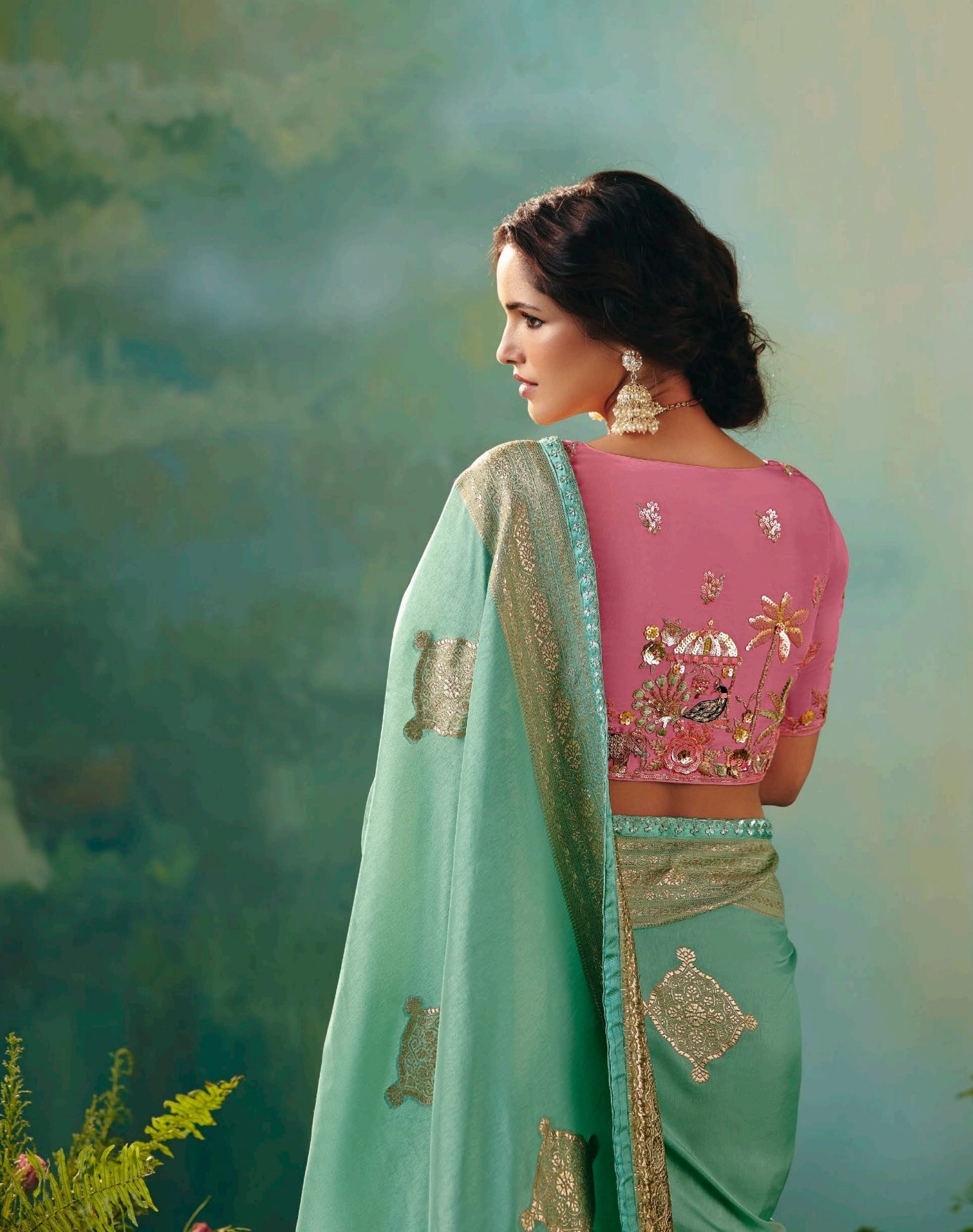 Sea Green Designer Kanjivaram Silk Readymade/Easy Saree
