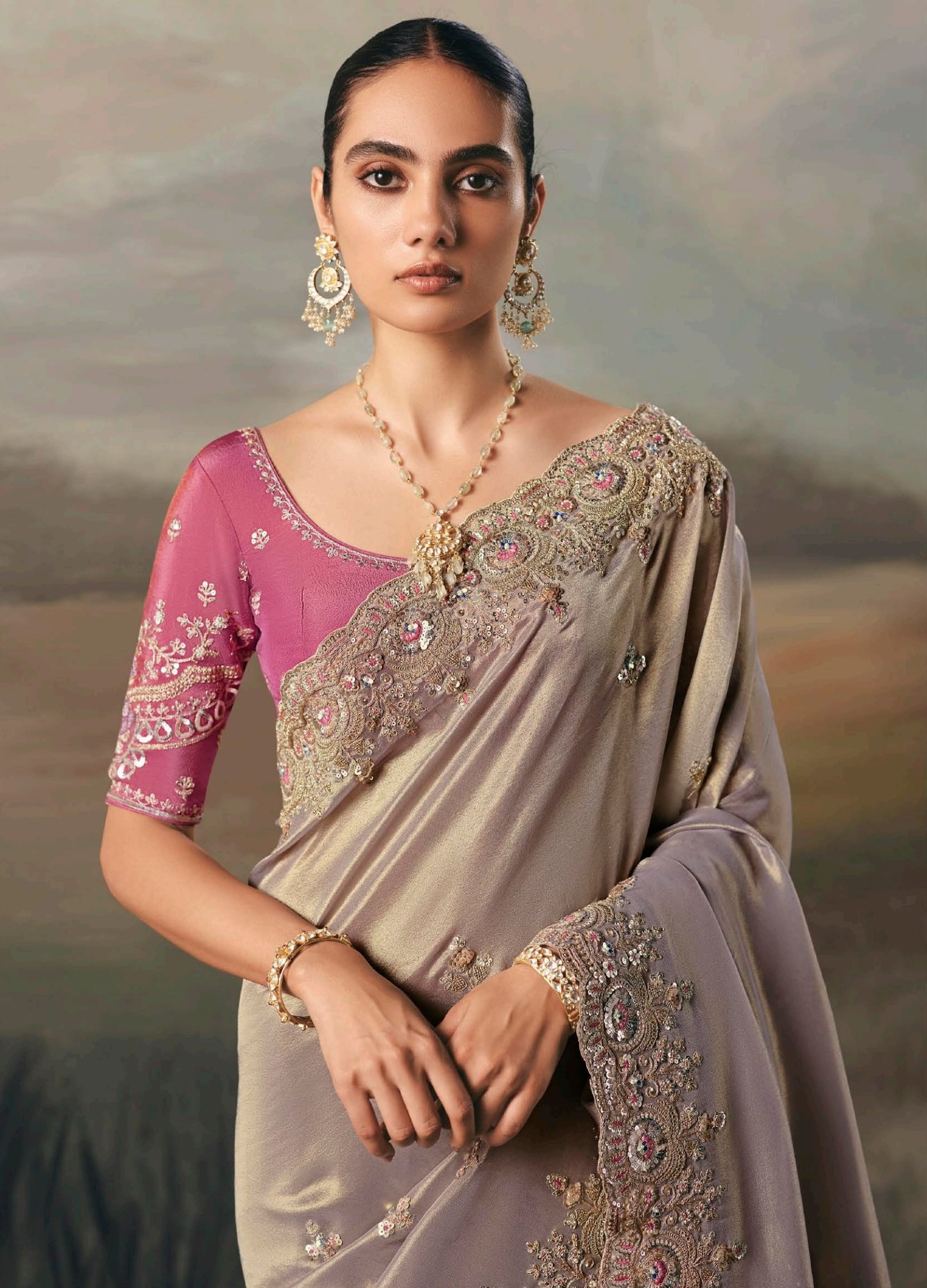 Taupe Grey Colour Party Wear Readymade Saree