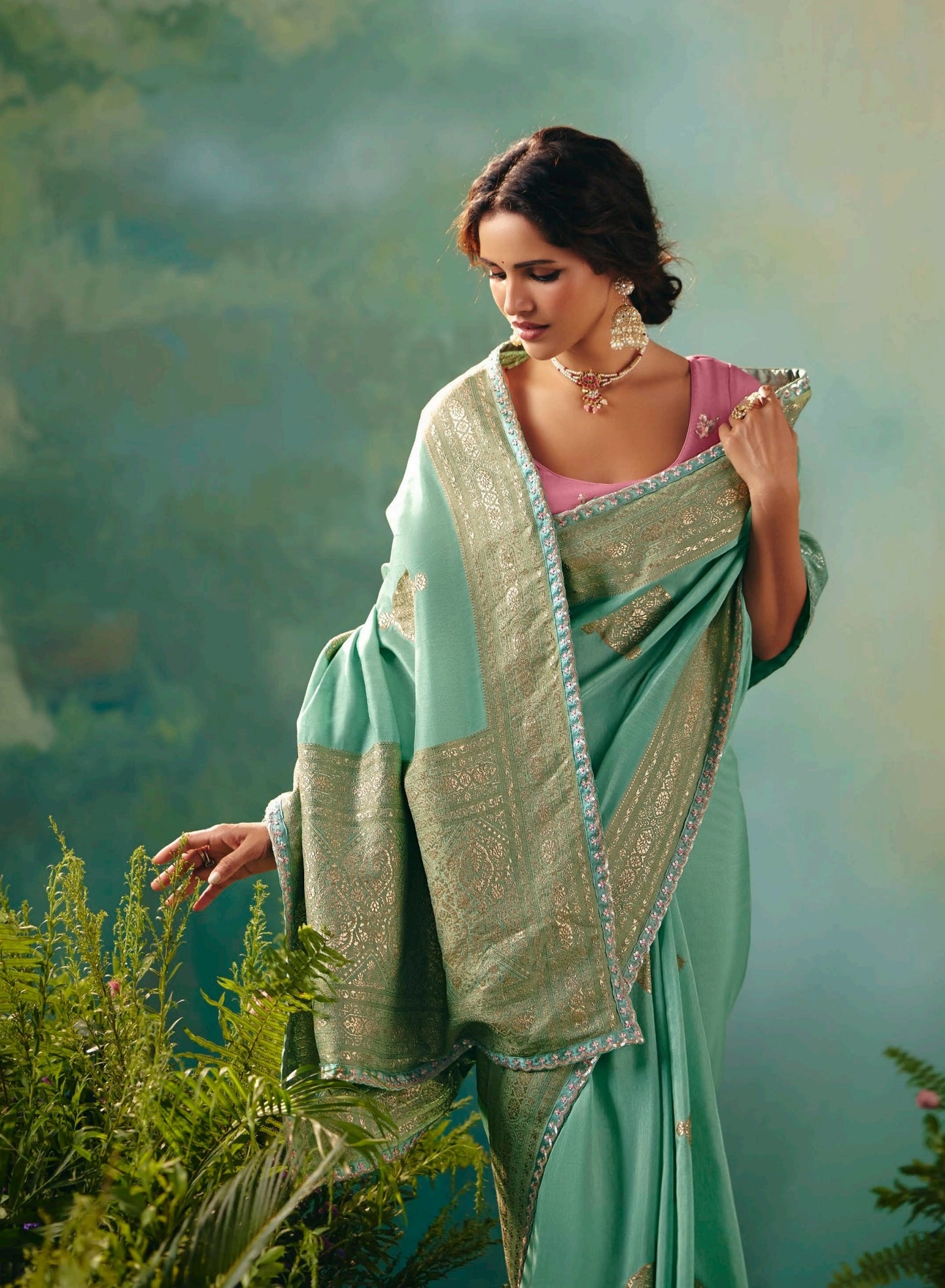 Sea Green Designer Kanjivaram Silk Readymade/Easy Saree