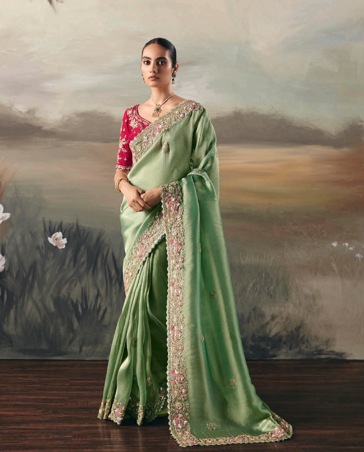 Pastel Green Colour Party Wear Readymade Saree