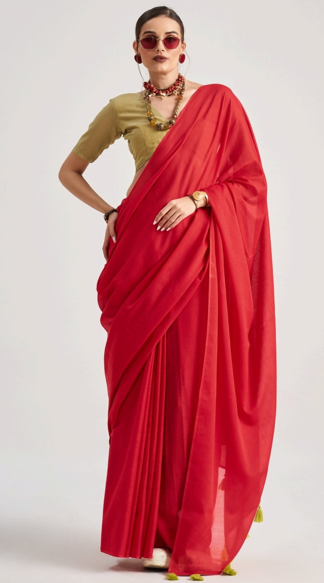Red Mul Cotton Casual Readymade/Easy Saree