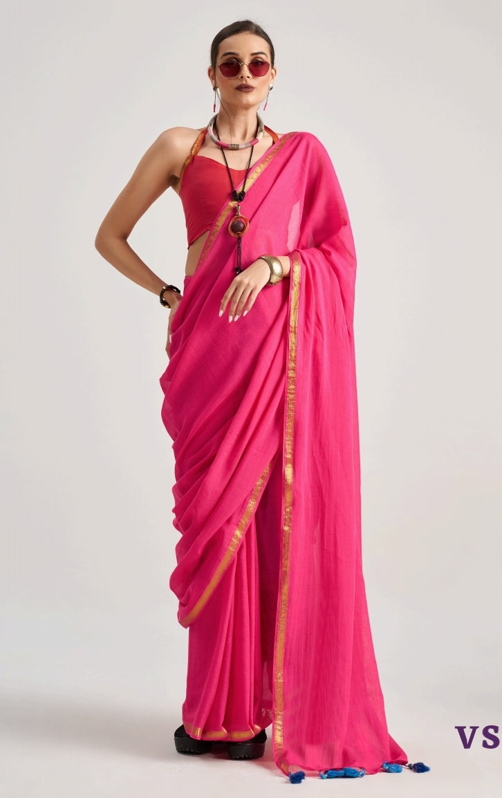 Pink Mul Cotton Casual Readymade/Easy Saree