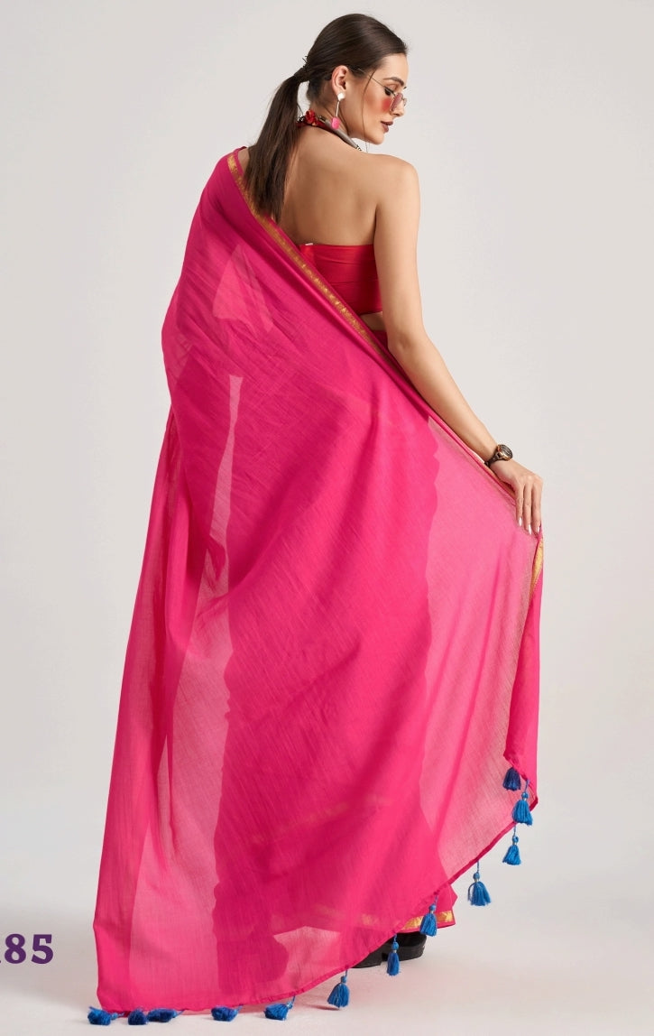 Pink Mul Cotton Casual Readymade/Easy Saree