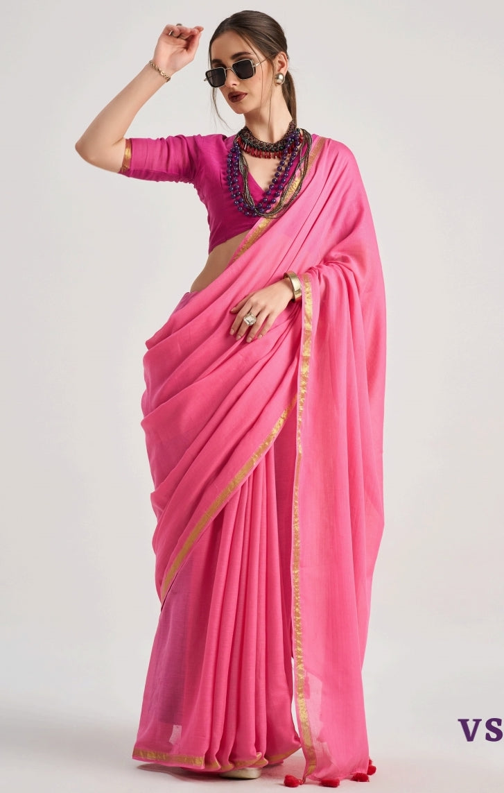 Baby Pink Mul Cotton Casual Readymade/Easy Saree
