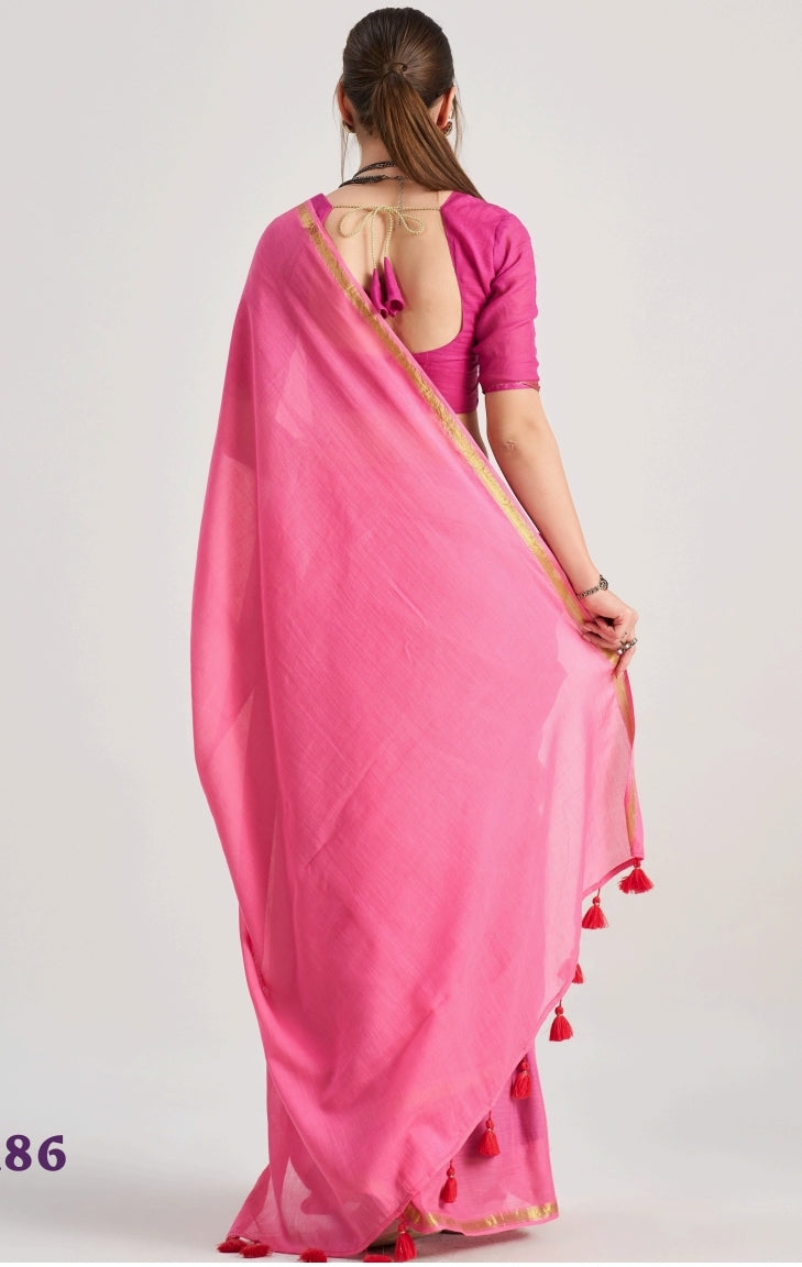 Baby Pink Mul Cotton Casual Readymade/Easy Saree