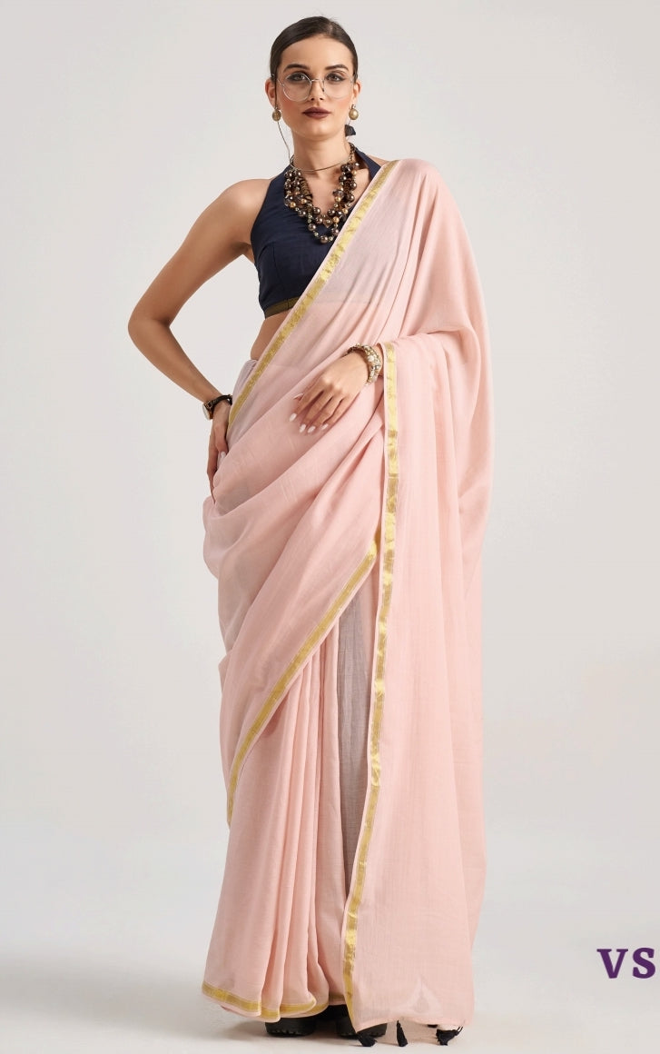 Peach Mul Cotton Casual Readymade/Easy Saree