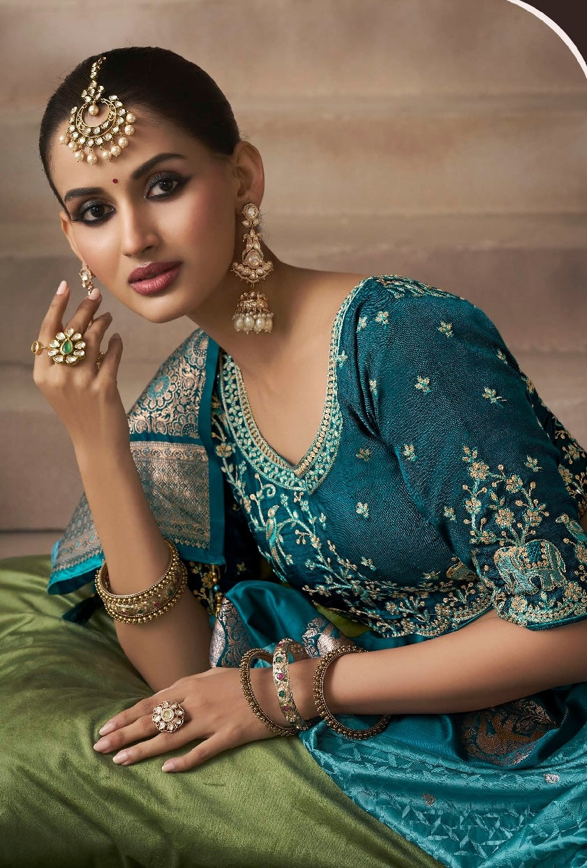 Turquoise Color Designer Kanjivaram Readymade/Easy Saree