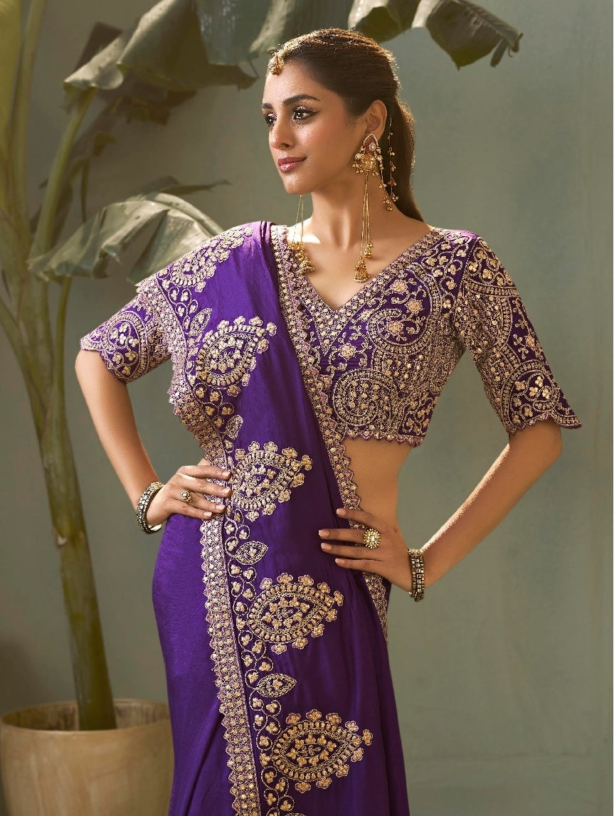 Purple Designer Silk Readymade/Easy Saree