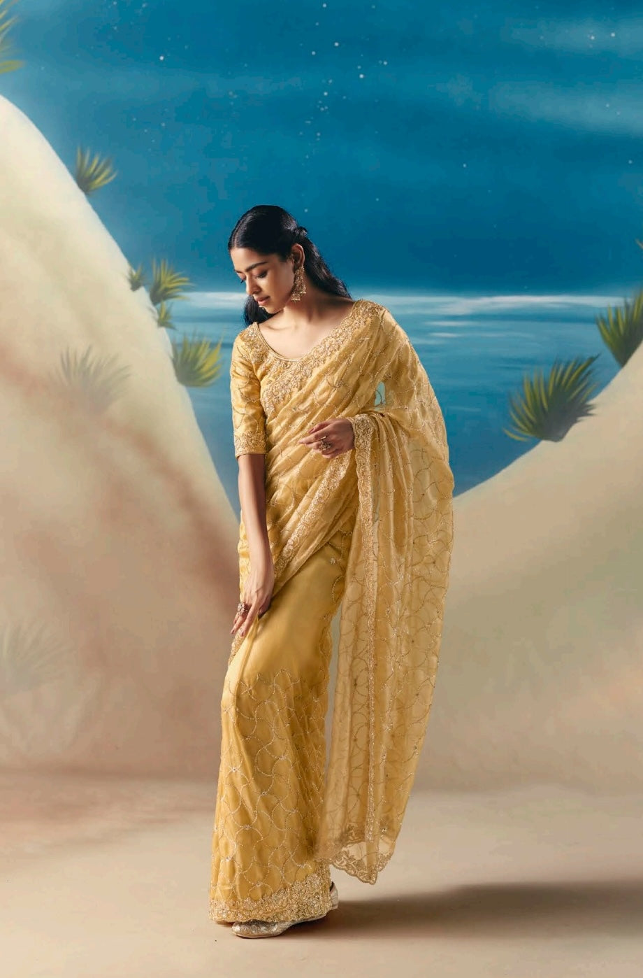 Yellow Party Wear Readymade Saree