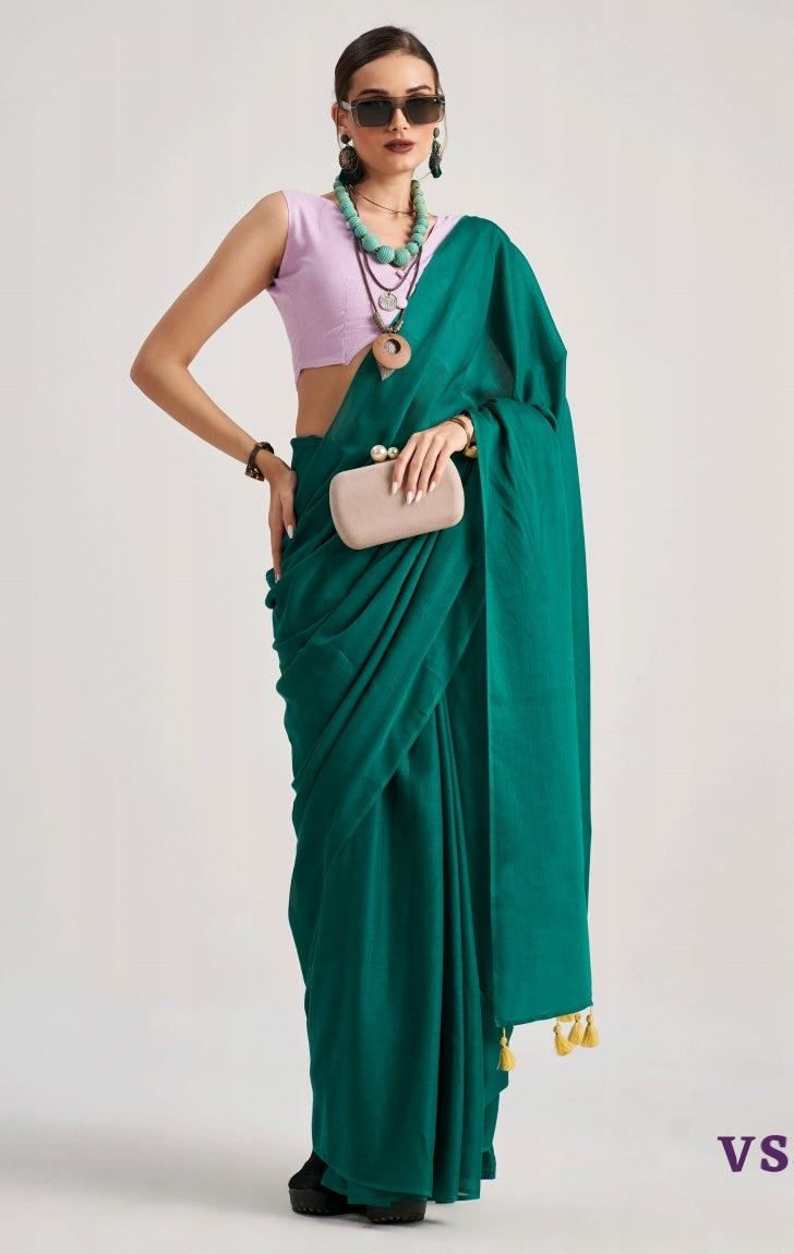 Dark Green Mul Cotton Casual Readymade/Easy Saree