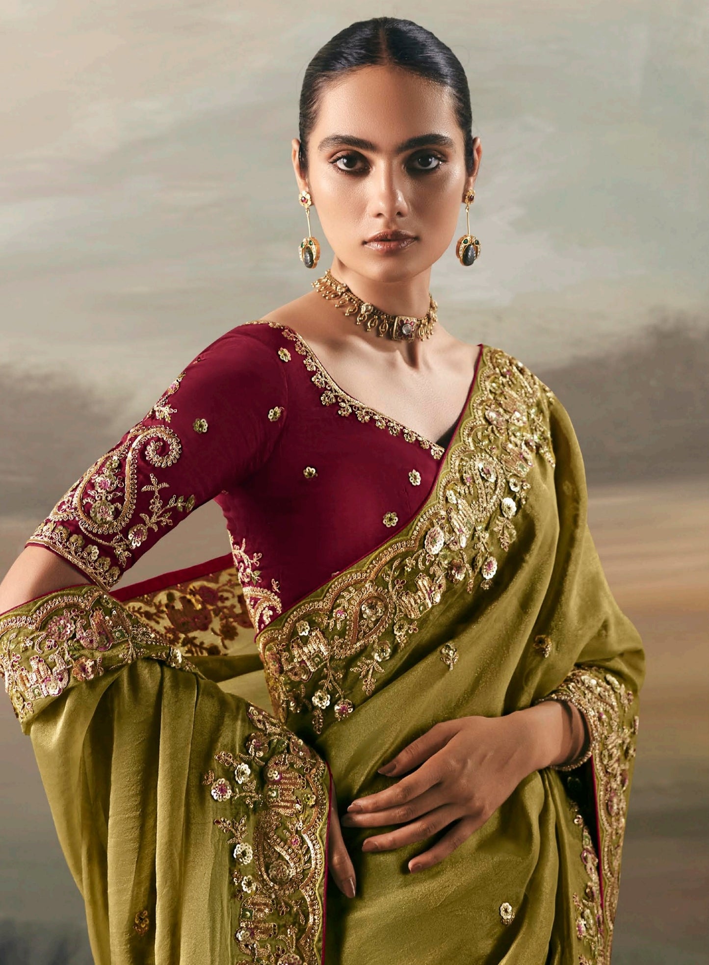 Olive Green Colour Party Wear Readymade Saree