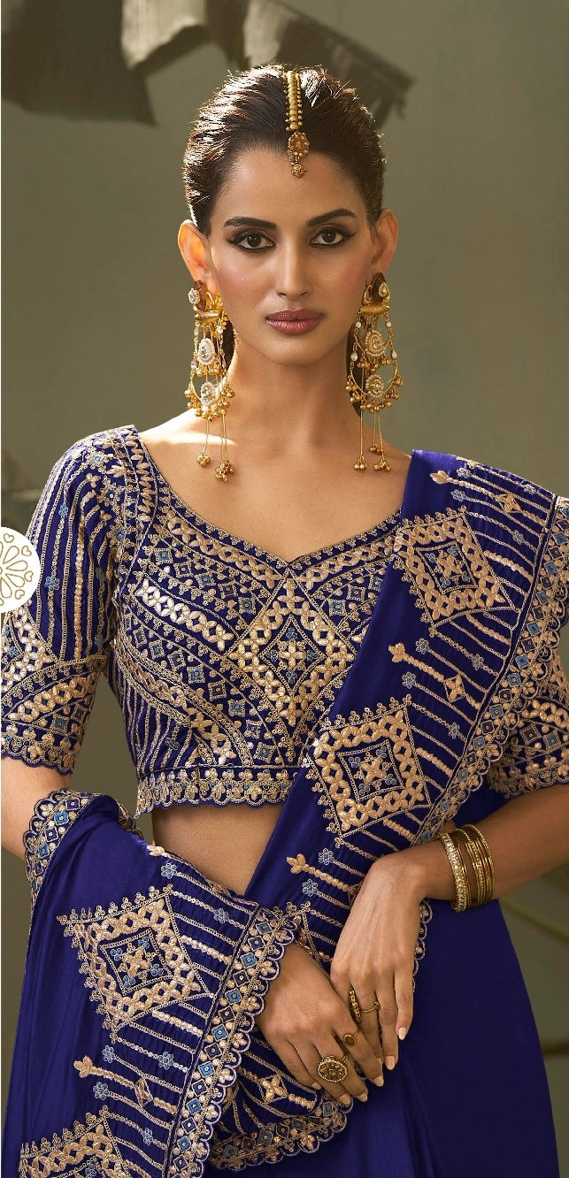 Royal Blue Designer Silk Readymade/Easy Saree