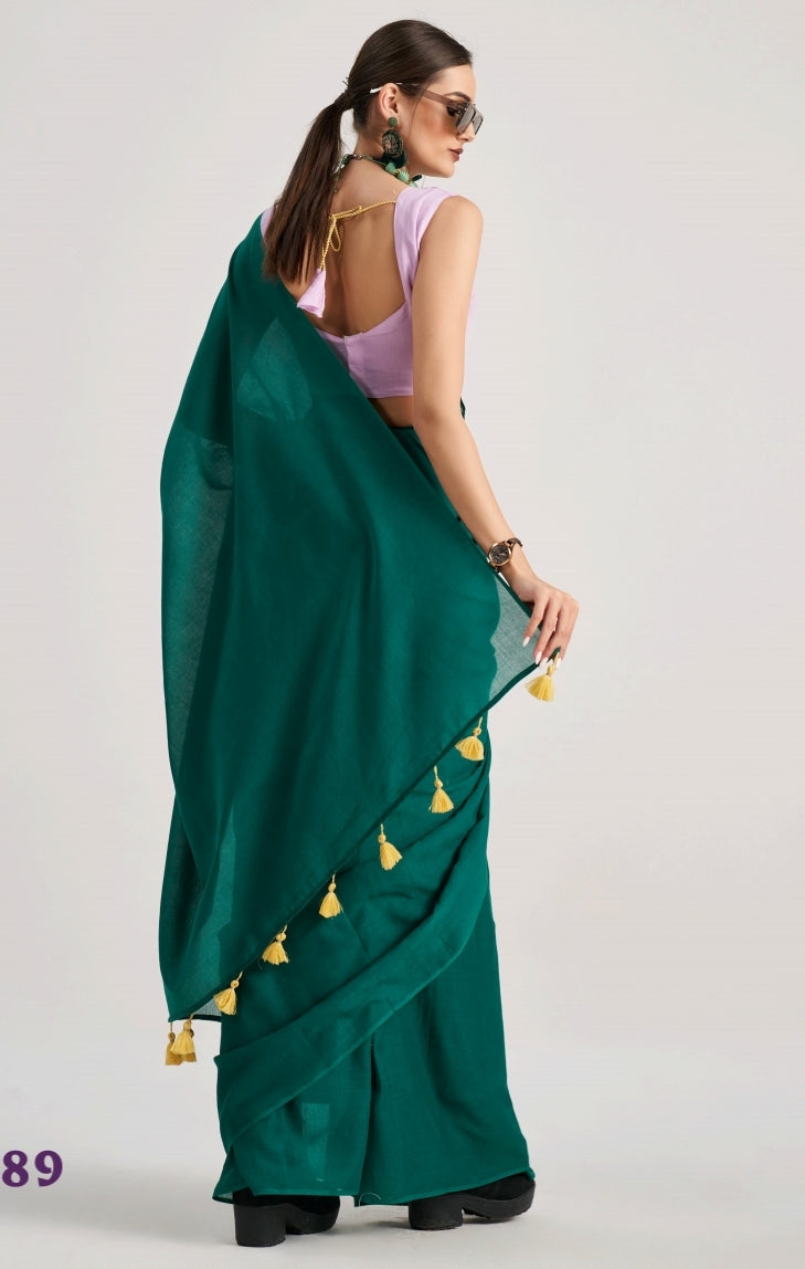 Dark Green Mul Cotton Casual Readymade/Easy Saree