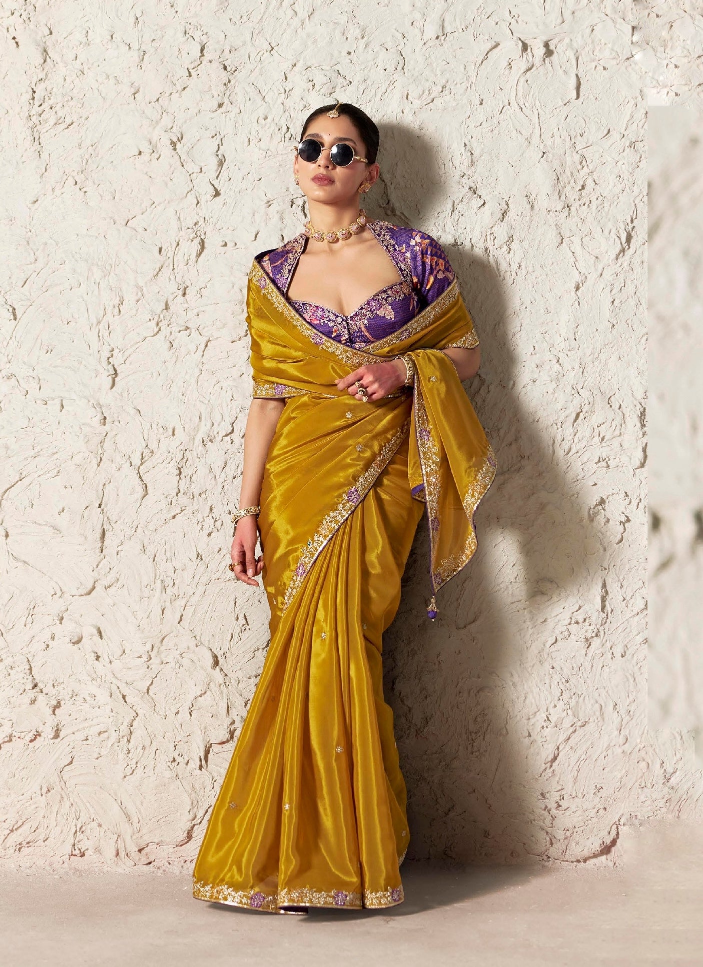 Mustard Fancy Tissue Silk Ready to wear/Easy Saree - Panaash Saree