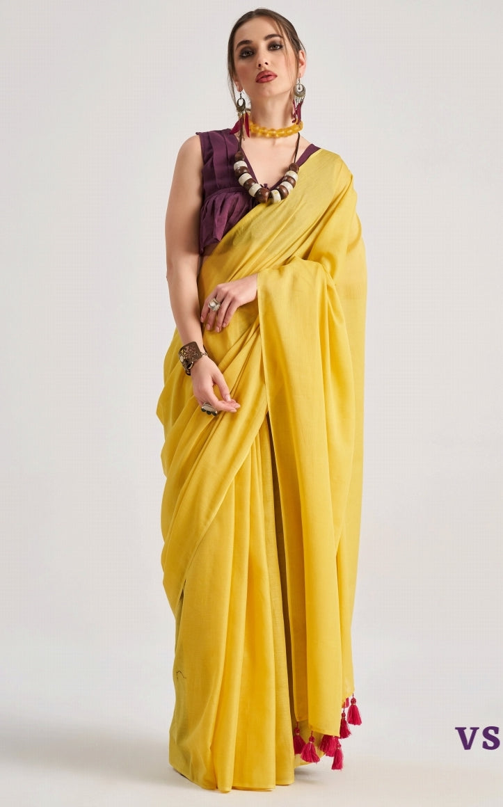 Yellow Mul Cotton Casual Readymade/Easy Saree