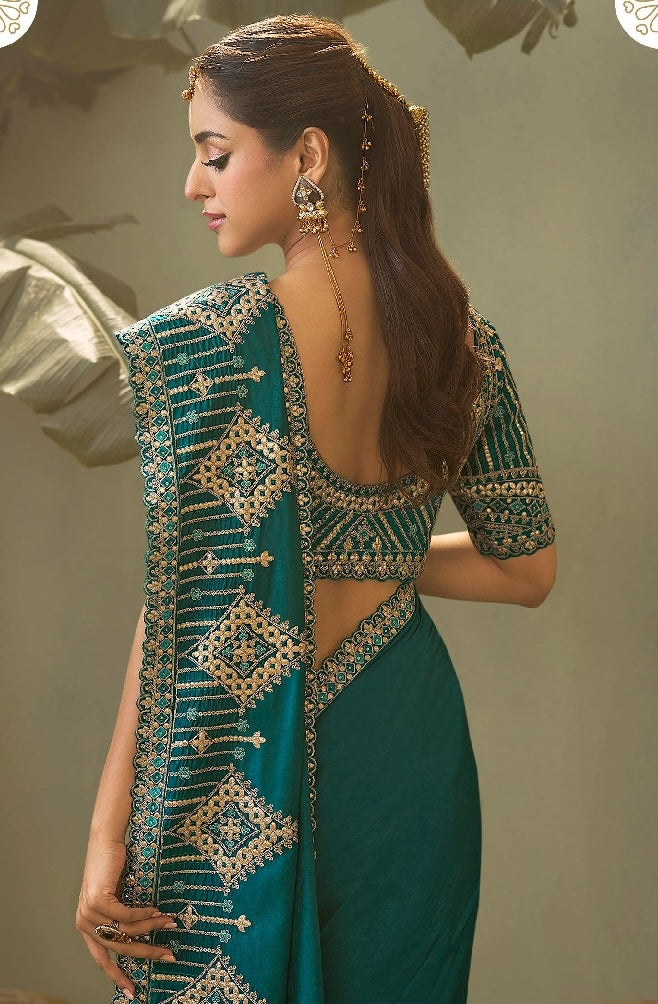 Teal Green Designer Silk Readymade/Easy Saree