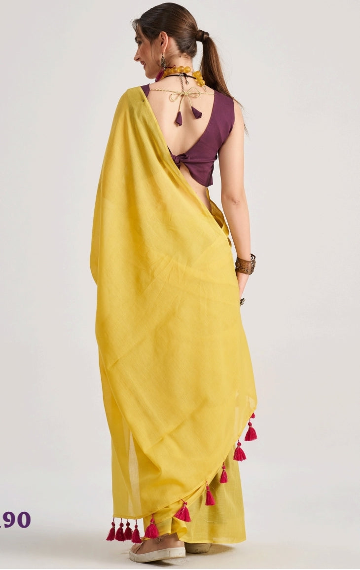 Yellow Mul Cotton Casual Readymade/Easy Saree