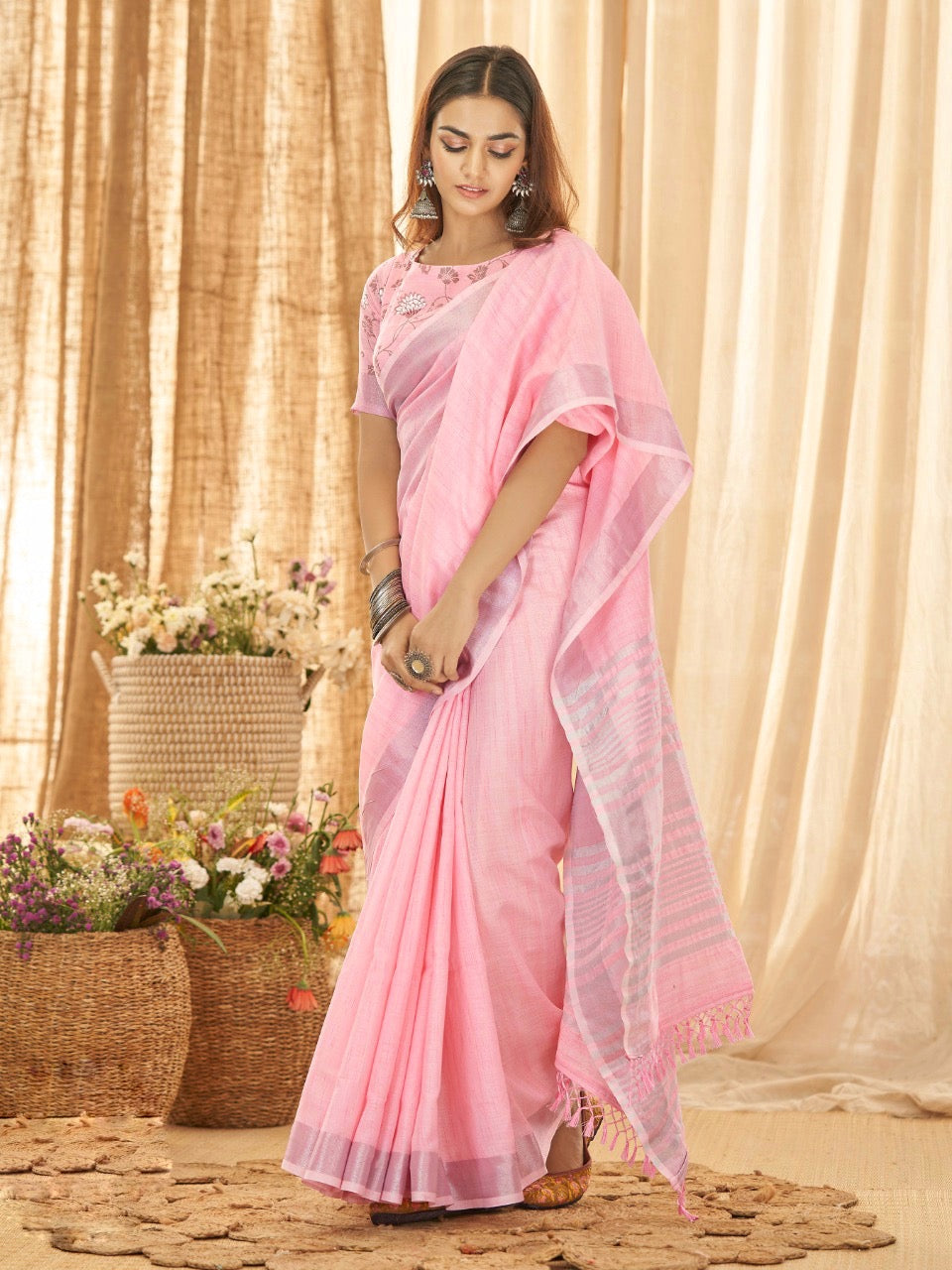 Pink Linen Easy/Readymade Saree – StylebyPanaaash